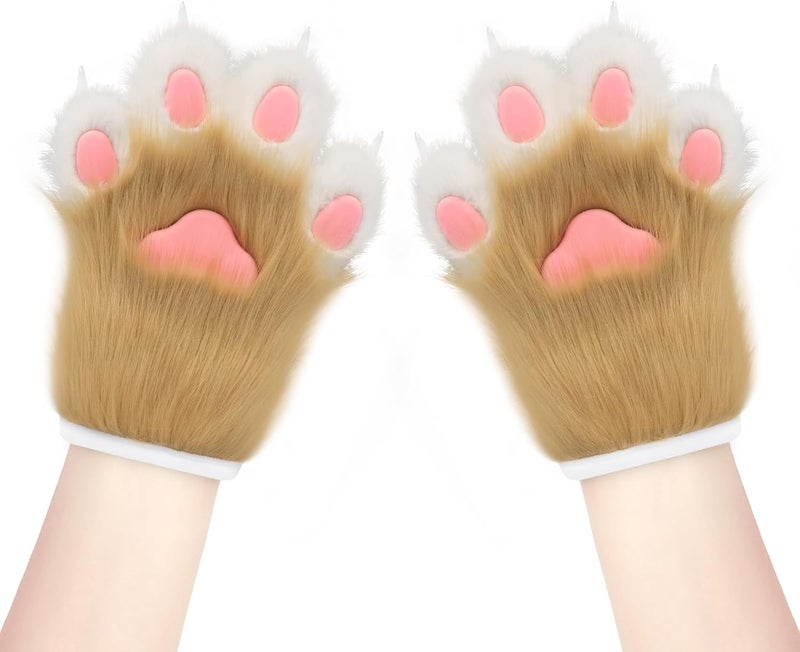 hbbhml Faux Fur Plush Furry Cat Claw Gloves Fursuit Animal Fox Paws Mittens Halloween Cosplay Costume Accessories for Adult - Image 2
